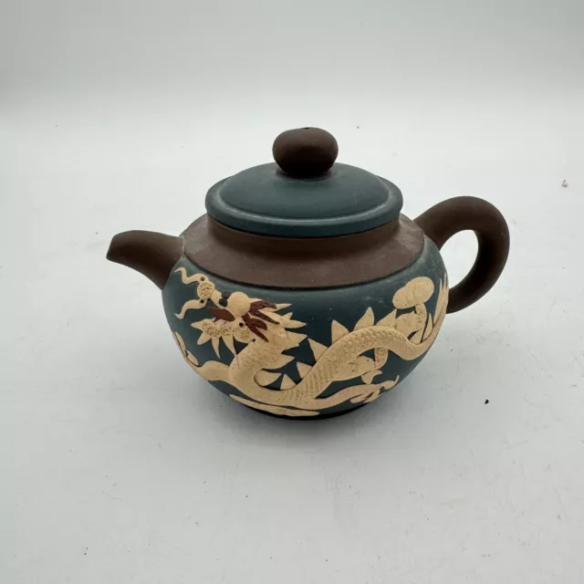 Antique Chinese Yixing zisha pottery Clay tea pot Phoenix and dragon Signed
