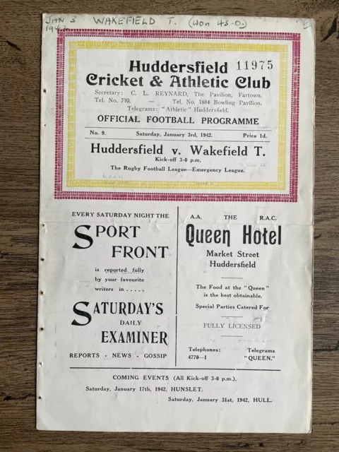 Wartime Rugby League Programme Huddersfield v Wakefield Trinity 3rd January 1942