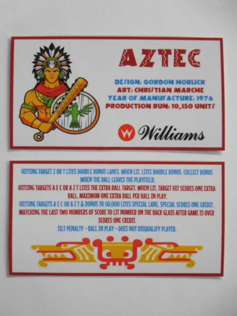 * * 'AZTEC' Williams 1976 Custom Instruction/Apron Cards * * (New)