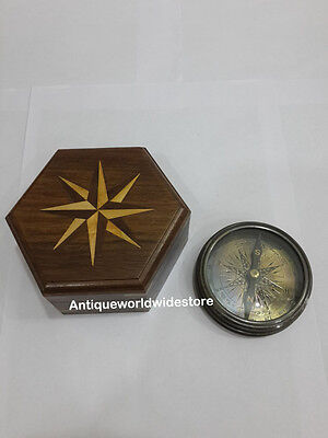 Antique Bronze Vintage Collectible Compass With Brown Wooden Box