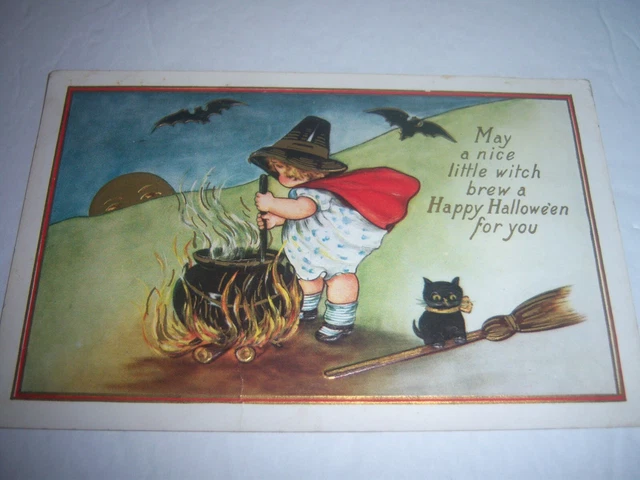 Vintage Halloween Embossed Postcard Lil Witch Stirs Pot, Bats,Black Kitten Vintage Halloween Embossed Postcard Lil Witch Stirs Pot, Bats,Black Kitten