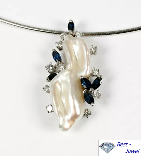 Moderne, Extravagant Pendentif avec Perle, Brillant 0,50 Carat, Vrai Saphir, 585