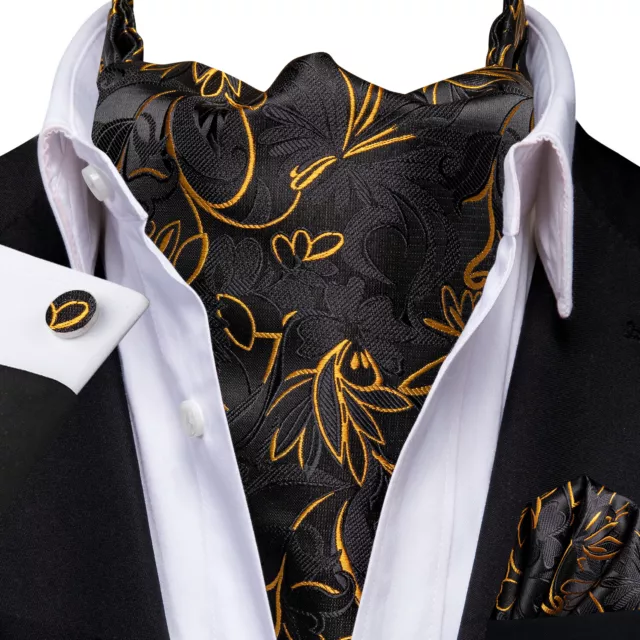 Gold Paisley Mens Silk Ascot Cravat Tie Formal Scarf Handkerchief Cufflinks Set