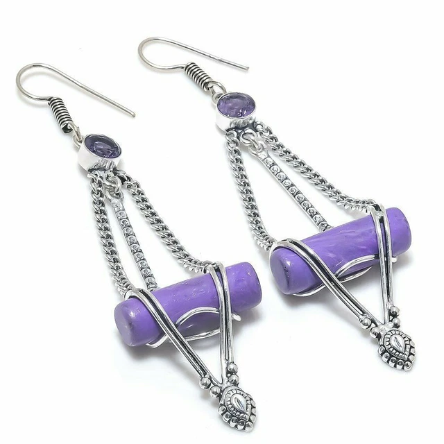 Crayon - Charoite, Amethyst Gemstone Handmade Jewelry Earring 3.59" PE-404