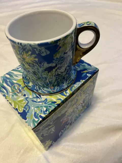 Lilly Pulitzer Large Ceramic Coffee Mug Wade And Sea Blue Gold Trim NIB