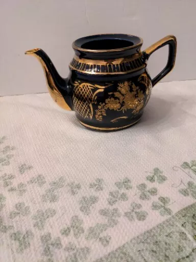 Vintage English Tea Pot Cobalt Blue with Gold Gilt Floral Pattern NO Lid