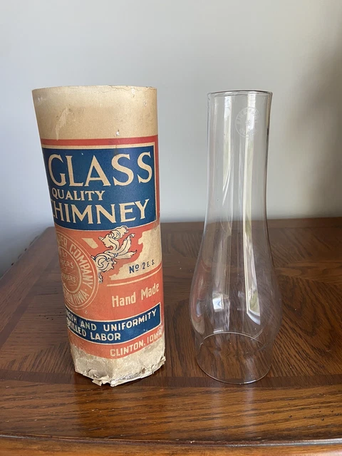 NOS Antique Glass Chimney, Fine Flint Glass, Original Box, 10" tall x 3" Fitter