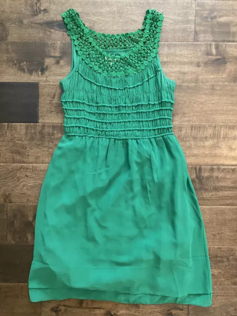 Max Studio Fit & Flare Smocked Sleeveless Dress Womens Small Green Solid Crochet