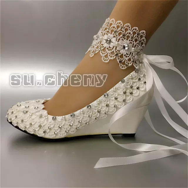 su.cheny Light ivory white pearls rhinestone lace wedges Wedding Bridal shoes