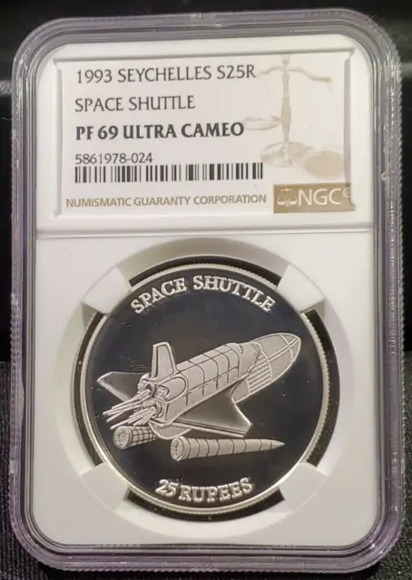 1993 Seychelles Space shuttle 25 Rupees Silver Coin, Proof - NGC PF 69 UC