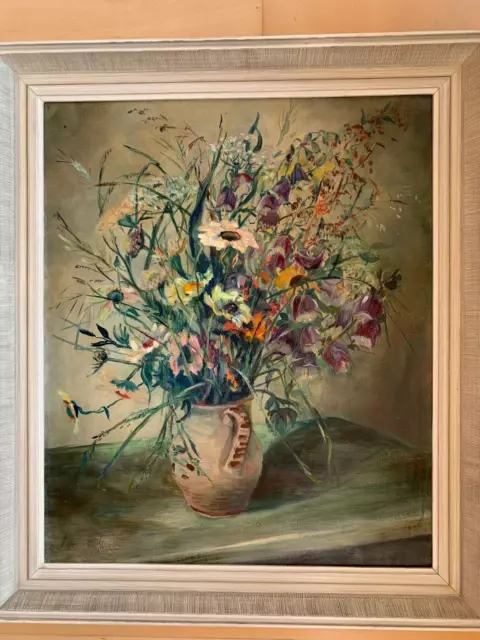 Altes Ölgemälde Blumen in der Vase -Signiert.