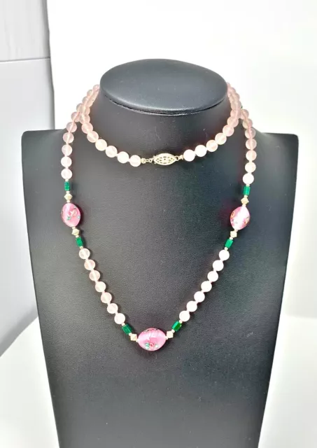 Vintage 925 Venetian Glass Hand Knot Rose Bead Necklace Rose Quartz Malachite