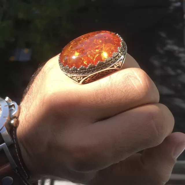 925 Sterling Silver Amber Bakelite Men's Ring Large Solid Unique Turkish Jewelry