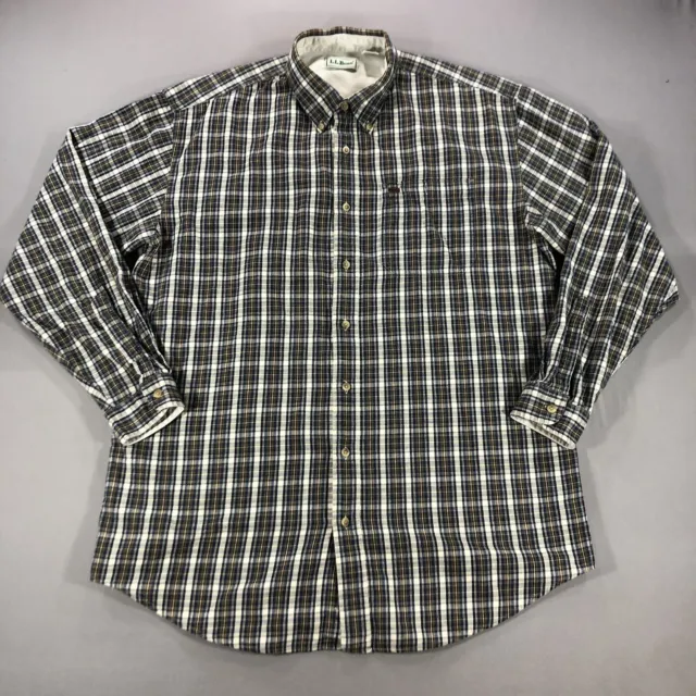 LL Bean Shirt Green White Blue Plaid Button Up Long Sleeve Men’s Large Tall