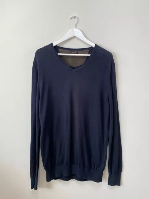 Pullover da uomo Massimo Dutti cotone/seta/cashmere collo a V blu navy taglia XL