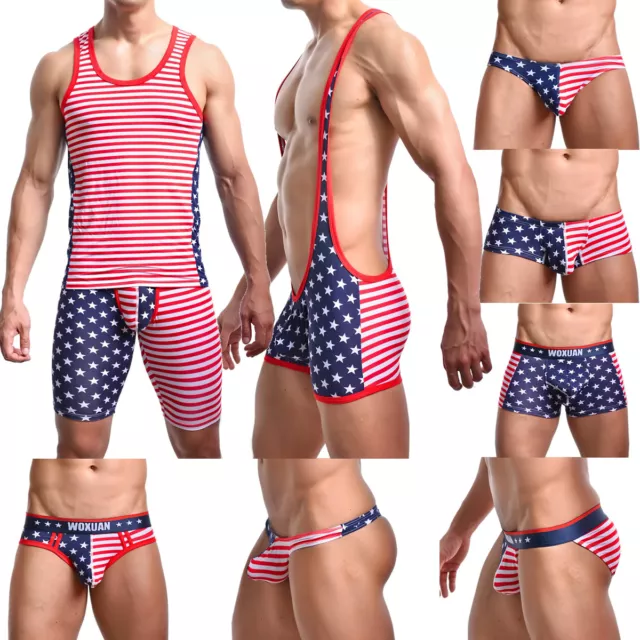 Mens Sexy Underwear American Flag Printed Low Waist Boxer Briefs