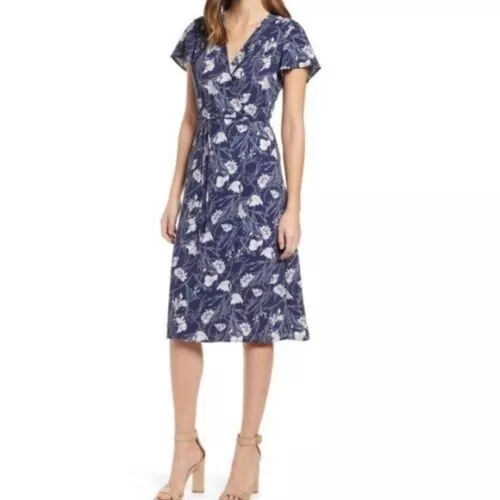 Leith Womens Size XS Blue Floral Wrap Dress Short Flutter Sleeve Knee Length 2