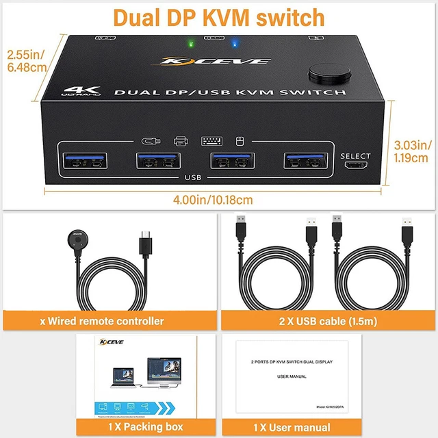 4 USB PORT Dual Monitor KVM Switch Display 8K30Hz DP Extended Display