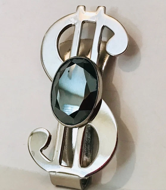 Vintage Dollar Sign Money Clip w Faceted Hematite Stone Gray Oval Silver Color