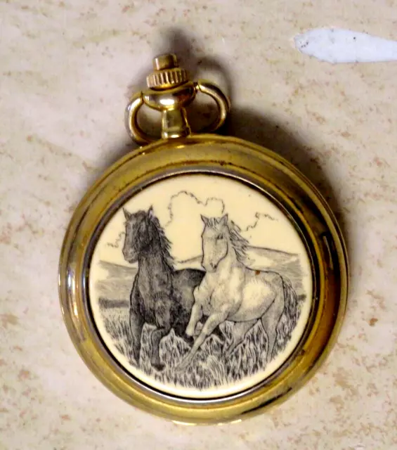 Vintage Colibri Quartz Pocket Watch W/Horse Case New Battery Keeps Good Time D/S