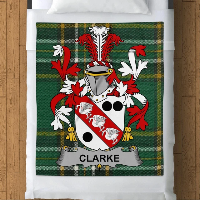CLARKE IRISH SURNAME Coat of Arms on Irish National Tartan Background Blanket £52.18 PicClick UK