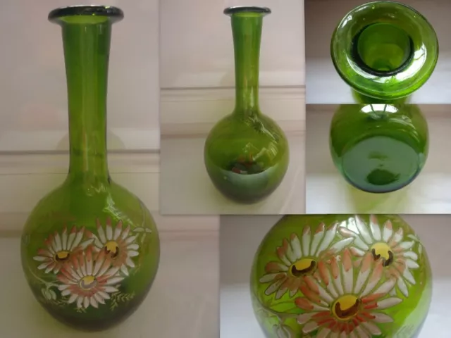 Ancienne Carafe En Verre Verte Emaillee Legras Decor Floral