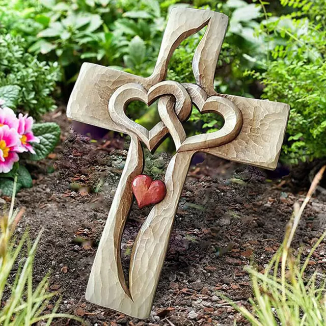 Carved Wooden Cross with Hollow Intertwined Hearts Hanging Love Couple Family