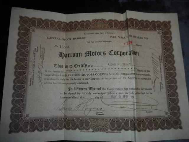 MICHIGAN 1917 Harroun Motor Corporation Stock Certificate