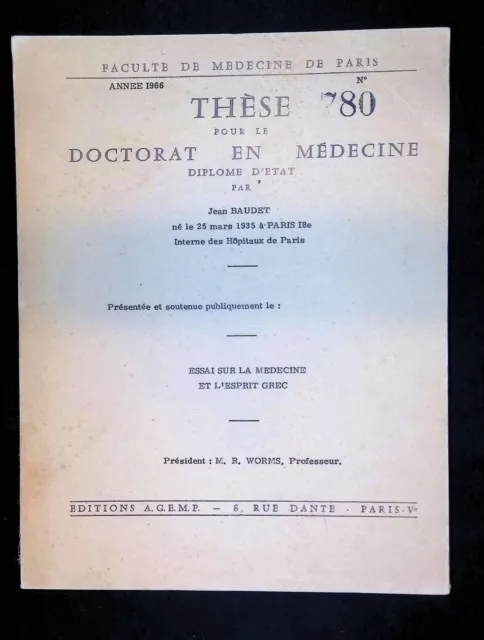 Jean Baudet, Faculté de Médecine de Paris Année 1966 Essai sur la médecine et