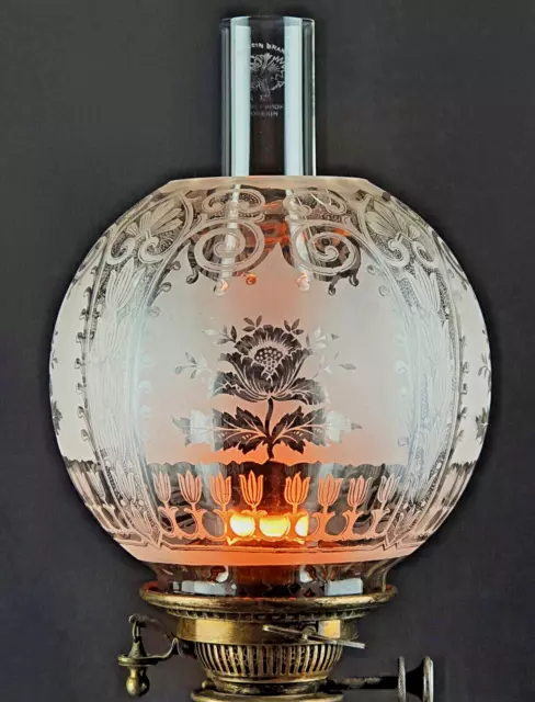 Victorian Floral Etched Glass Kerosene Paraffin Duplex Oil Lamp Ball Shade