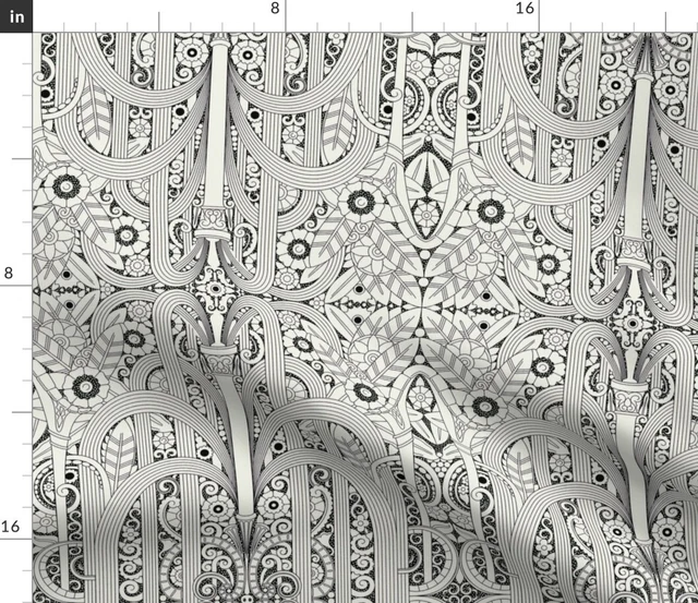 Art Deco Japanese Black White Nouveau 1920s Mid Spoonflower Fabric by the Yard