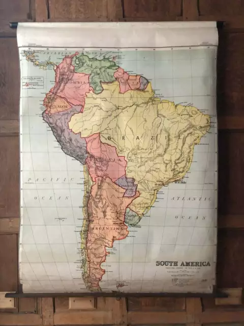 Antique South America School Map, Map Of South America Pull Down School Map