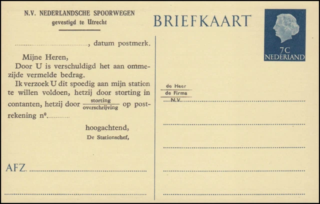 Postkarte P 258 Zudruck Spoorwegen: Model 1203, ungebraucht ** / MNH