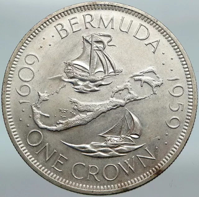 1959 BERMUDA British Colony Elizabeth II LARGE Boats Silver 1 Crown Coin i88306