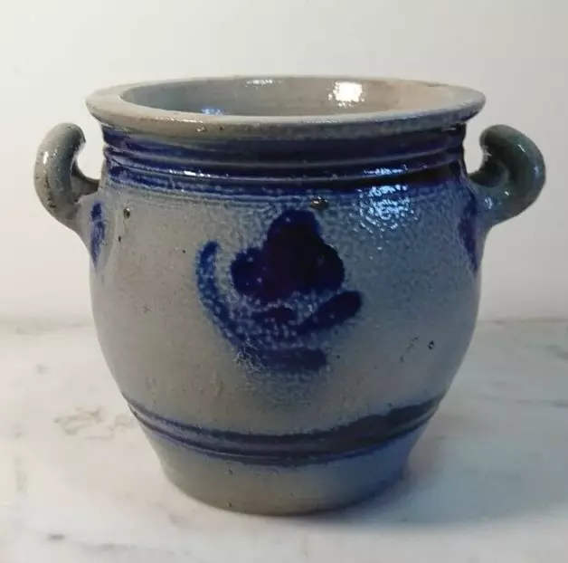 Ancien Pot à Sel/Condiments en Grès Vernissé Gris & Bleu Cobalt Petit Modèle