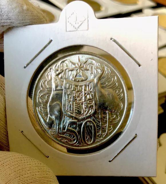 1 X australian 1966 silver round 50 cent coin In 2x2 Holder AUnc Ex Mint/bankbag