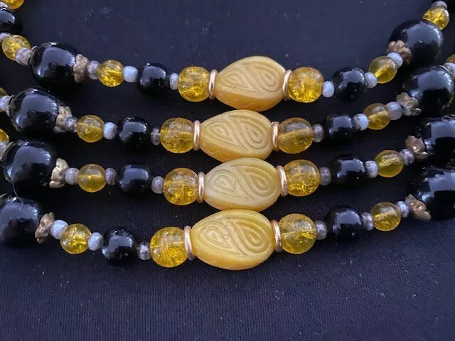 Gorgeous Vintage 1940s Italian Four Strand Yellow & Black Necklace Stunning! 2