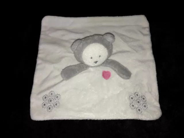 Doudou carré plat Ours Panda blanc gris coeur rose flocons fleurs Obaïbi Okaïdi 3