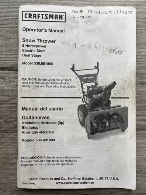 Owner’s Manual Sears Craftsman 8.0 HP Snow Thrower /Blower -Model 536.881800