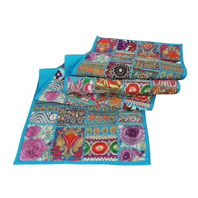 Ethnic Handmade Table Runner Patchwork Vintage Embroidery Turquoise Place mate