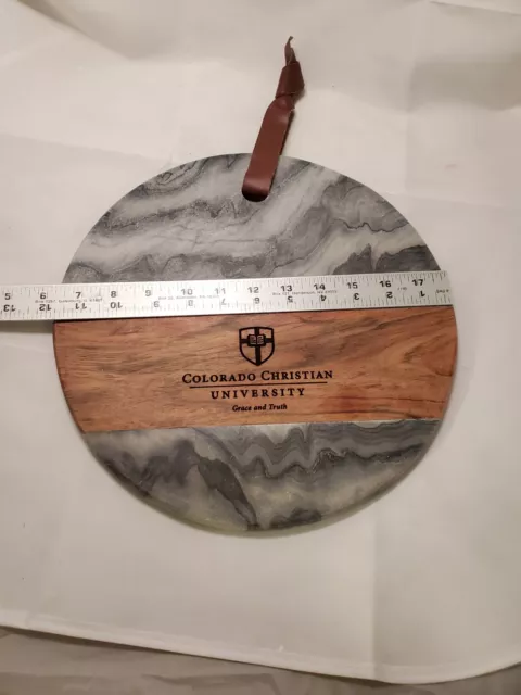 Round Marble & Wood Cutting Cheese Board 12" Leather Strap Colorado Christian U 3