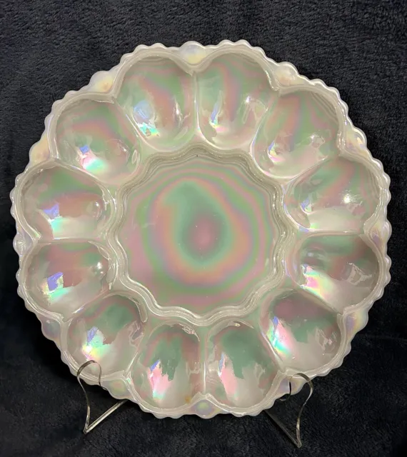 Rare Anchor Hocking Fire King Egg Plate White Lustre MOP Iridescent Aurora 10”D