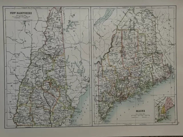 1897 Maine & New Hampshire Original Antique Map by A & C Black