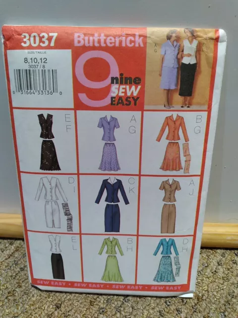 Butterick 3037 Misses Top Skirt Scarf Sewing Pattern ~ Size 8 10 12 Uncut