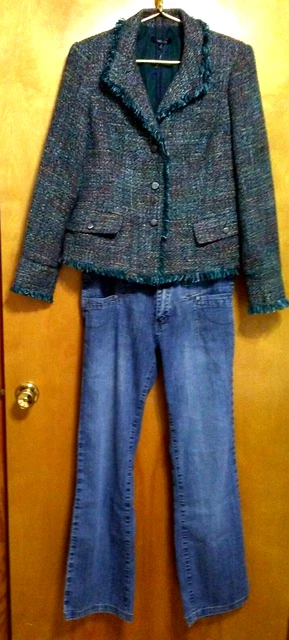 Women's 2 Piece Outfit 7/8 10 RAFAELLA Boucle Tweed Jacket DEFUZE Blue Jeans USA