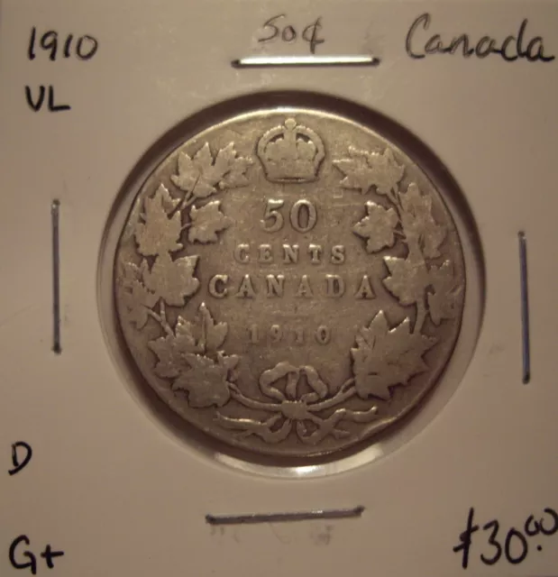 D Canada Edward VII 1910 VL Silver Fifty Cents - G+