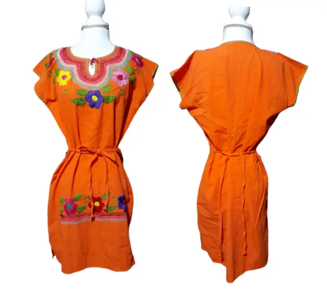 Mexican Hand Embroidered Women Peasant Tunic Top Orange Etnic  Sleeveless M/L