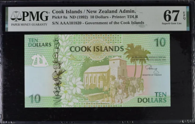 Cook Islands 10 Dollars 1992 P 8 a AAA Prefix Superb Gem UNC PMG 67 EPQ