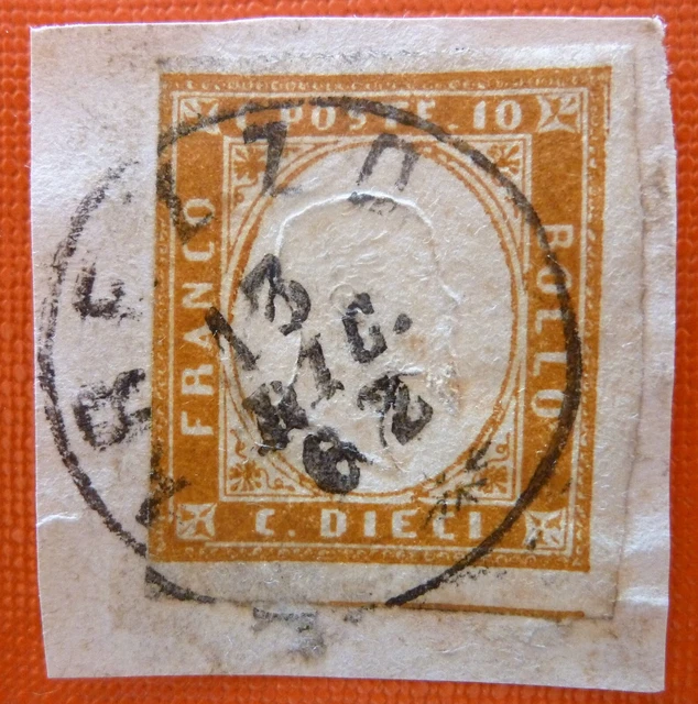Italy  Sardinia IV Issue 1862 10 c ochre used on paper fragment -Arezzo