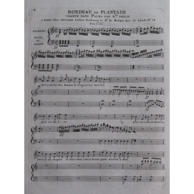 PLANTADE Charles-Henri Palma Rondeau Chant Piano ou Harpe ca1820